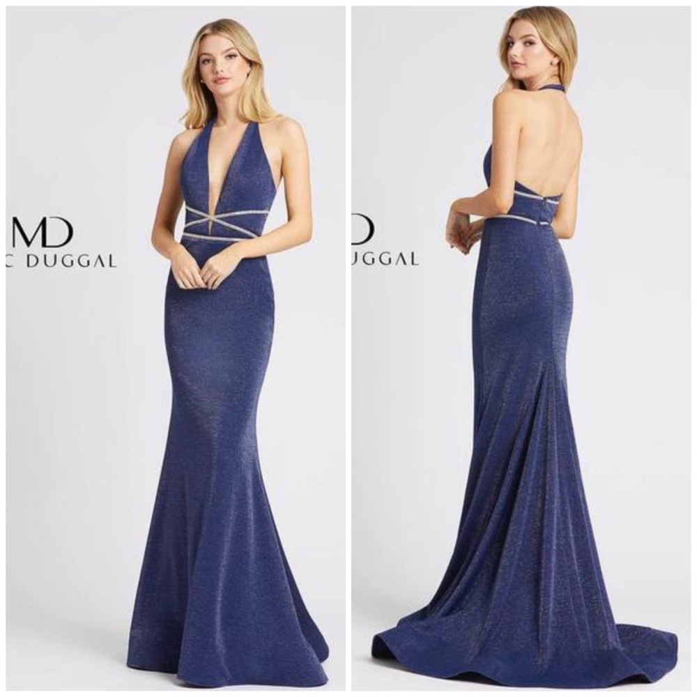 Mac Duggal | Halter Shimmer Trumpet Gown Midnight